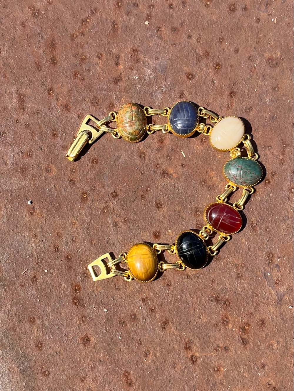 Multi-Color Carved Stone Cabochon Link Bracelet - Scarab Design